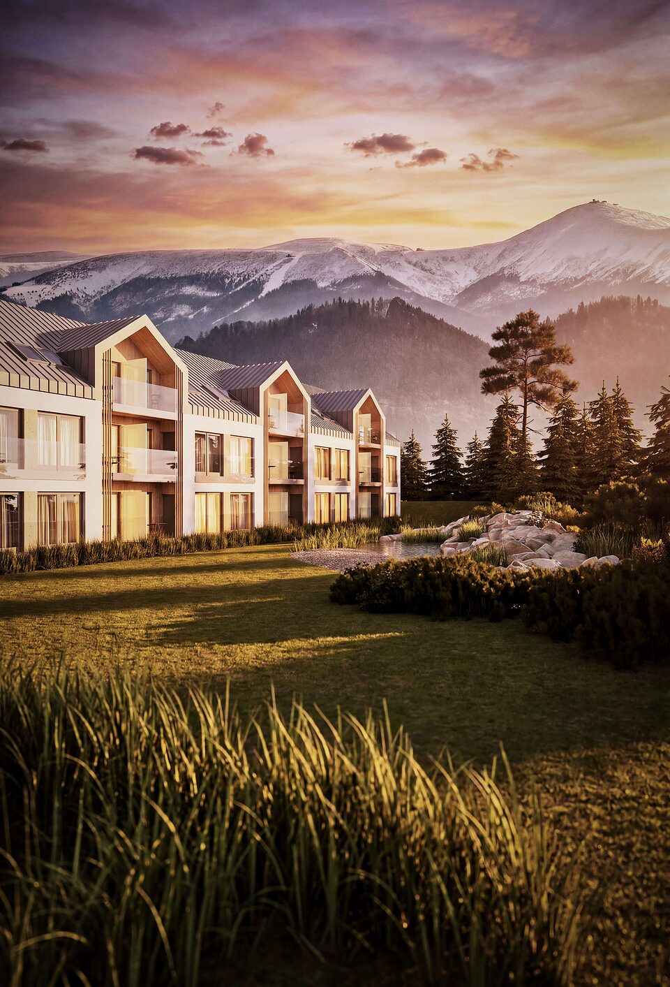 SOHO VUE o zachodzie słońca, bryła resortu na tle Karkonoszy